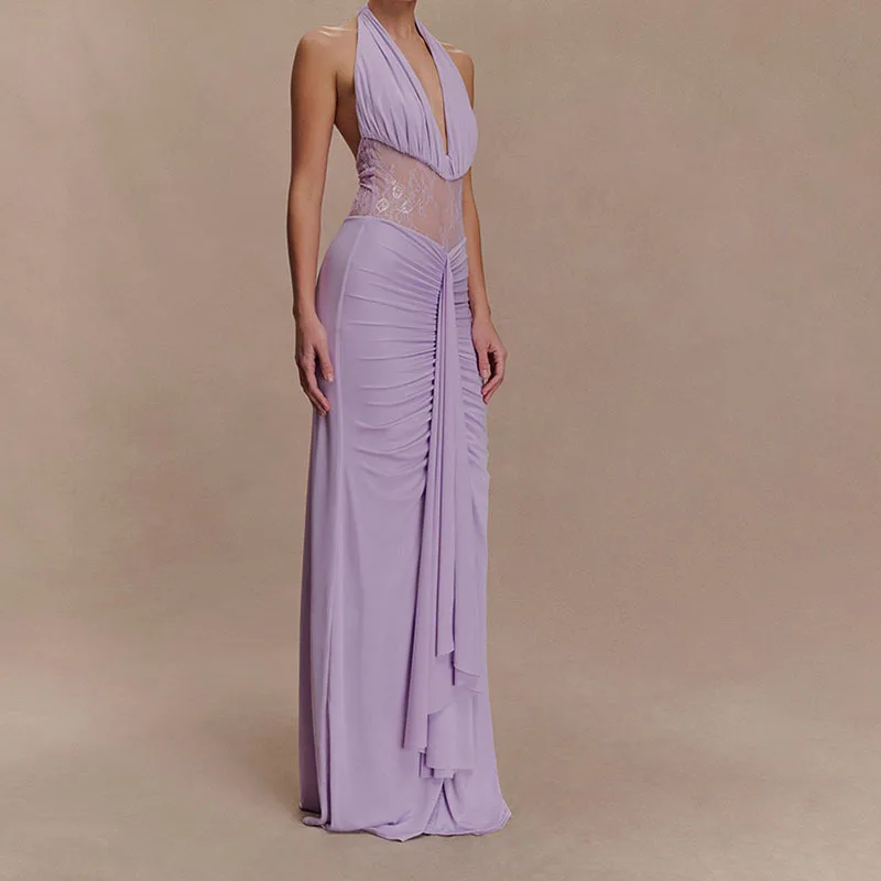 Elegant Long Dress Backless Ribbon Lace Waist Cinched Deep V Sexy Hanging Neck Phoenix Design New Fashionable Gown