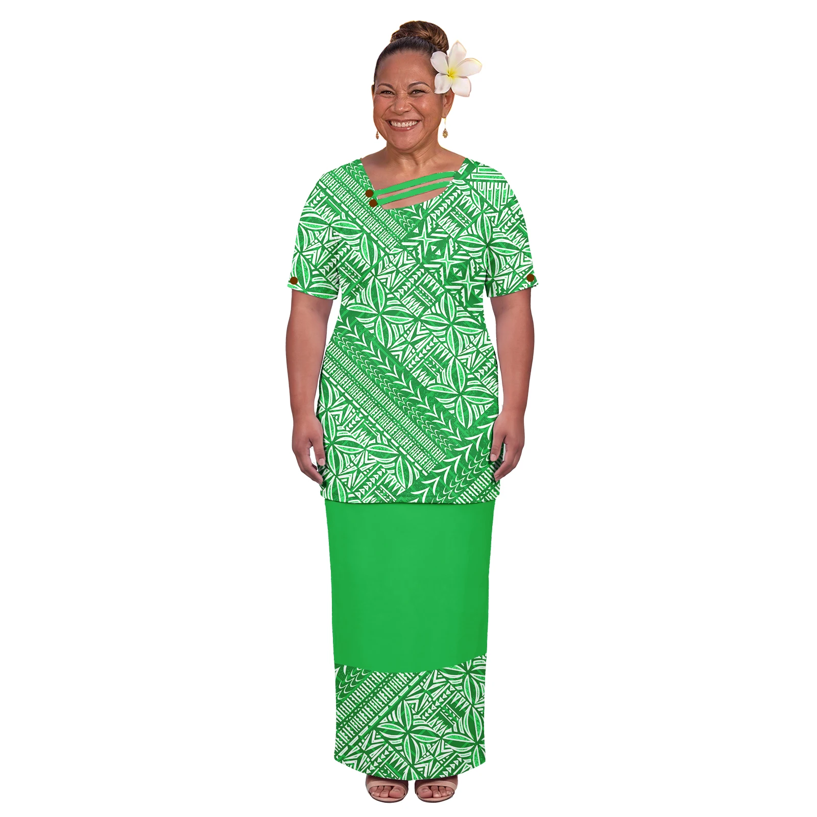 Tribal Design Women Puletasi Custom Clothes Samoan Polynesian Puletasi for Ladies Hawaiian Dresses With Coconut Shell Buttons