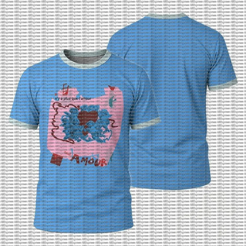 French Retro Cupid Angel Love Print Border T-shirt AMOUR French Color Blocked Blue Short Sleeved Couple Top