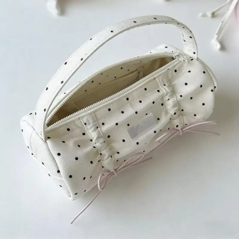 

Bowknot Dotted Pencil Case Multiple Compartments Large Capacity Polyester Fabric Pen Pouches For Students School Travel F19E