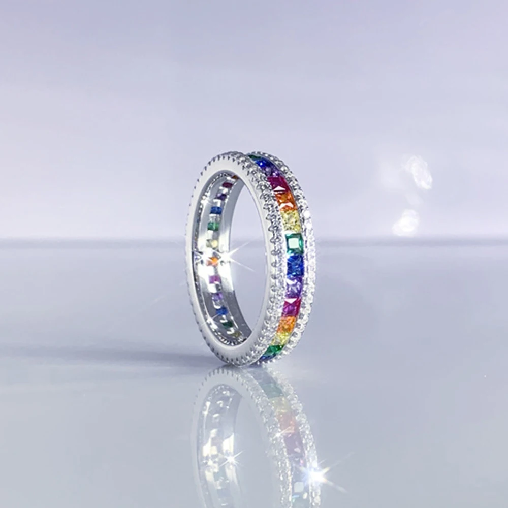 WPB S925 Sterling Silver Rings Rainbow Ring Color Women Luxury Jewelry Personalized Bright Zircon Design Girl Gift Party