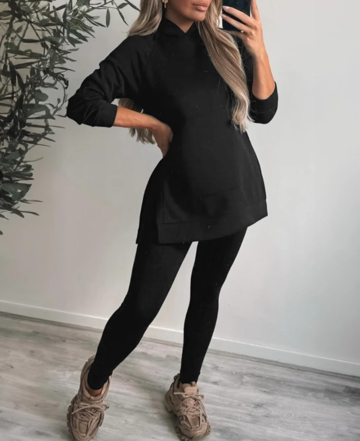 

Women's Clothing Trend 2024 2Pcs Side Slit Kangaroo Pocket Design Hoodie & Skinny Leggings Pants Set