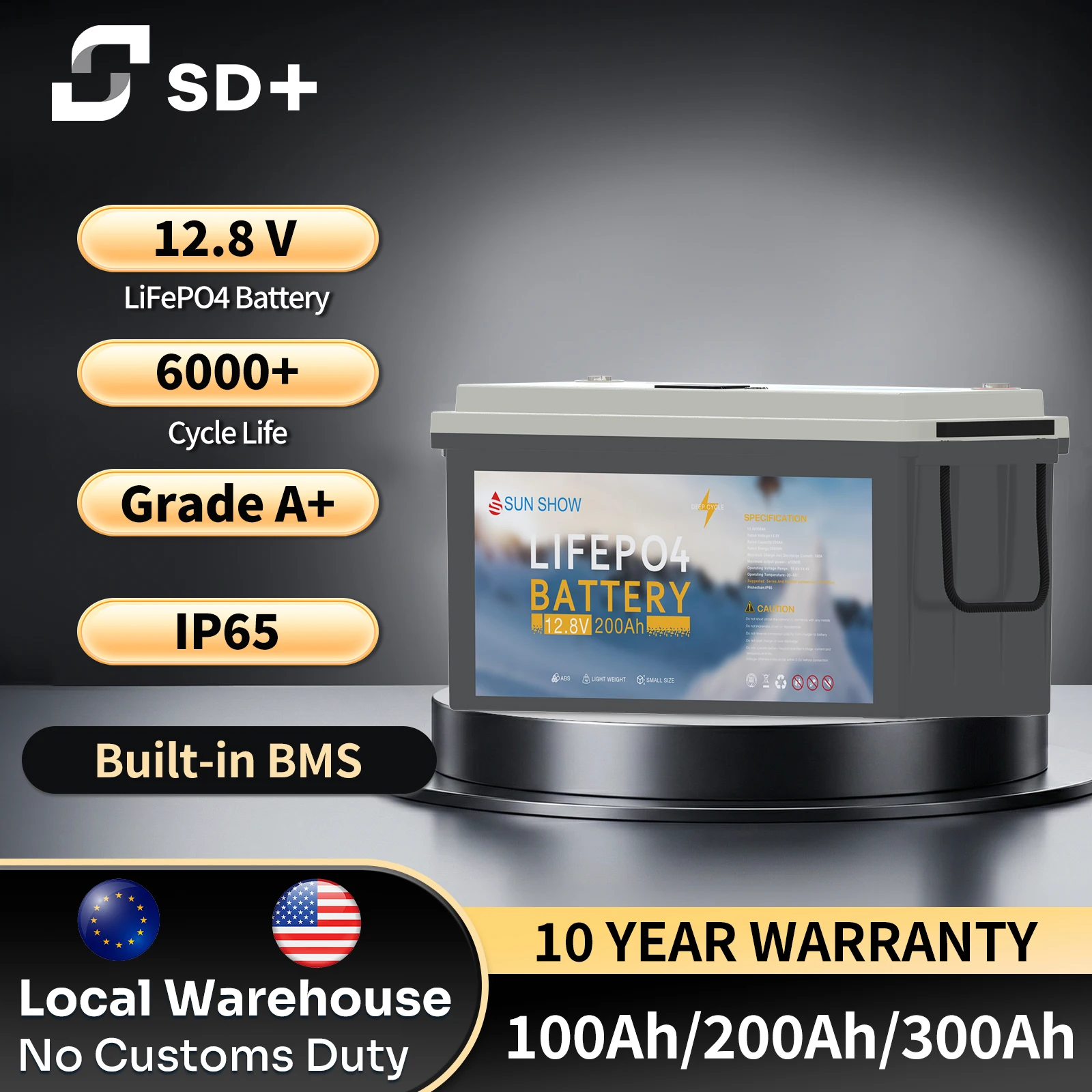 

Литий-железо-фосфатный аккумулятор LiFePO4 12.8В 200Ач 2560Втч для солнечных систем, автодомов, гольф-каров, лодок, с элементами класса А, BMS 100А, 6000 циклов, IP54