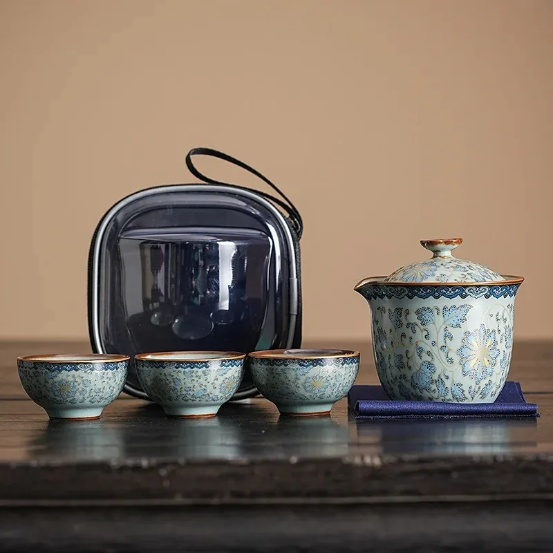 Blue and White Ru Kiln Kuaike Cup Wind-up Lotus One Pot Three Cup Travel Tea Set Portable Bag Outdoor Kung Fu Ceramic Tea Cup