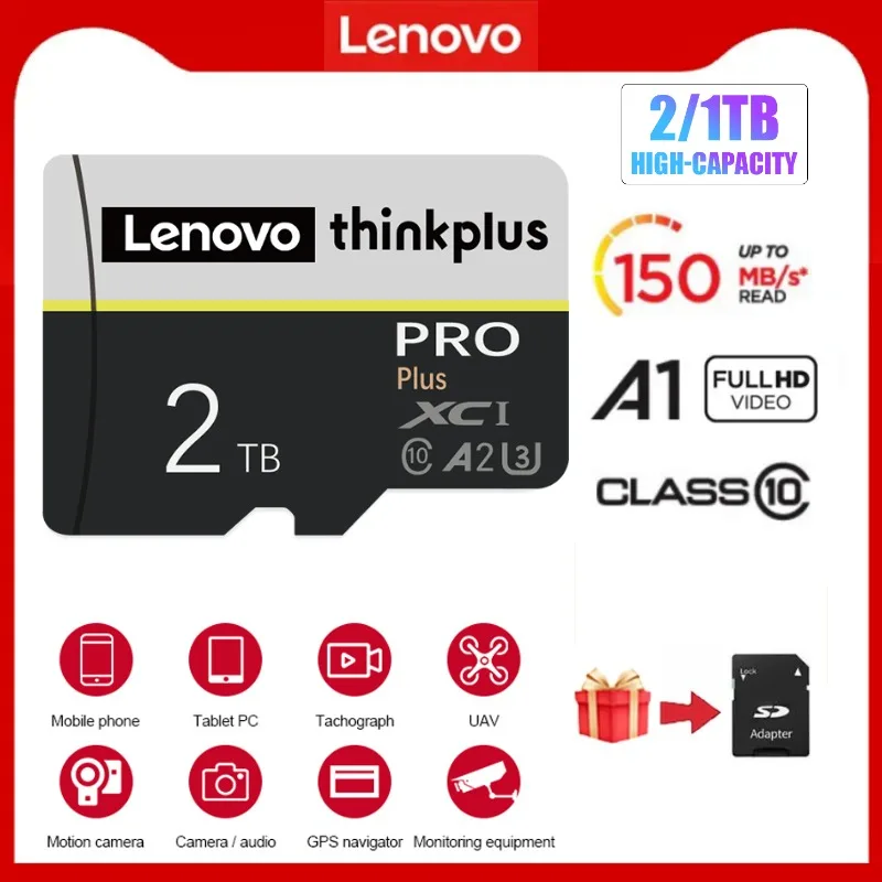 Lenovo-Carte Micro TF U3 2 To, 1 To, Carte Flash TF à vitesse rapide, Carte mémoire Ultra 512 Go, Carte mémoire SD 256 Go, Carte Micro A2 pour téléphone, PC