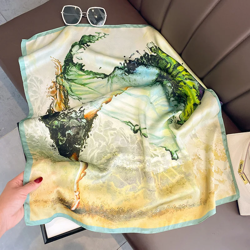 Bufanda de seda 100% elegante para mujer, pañuelo cuadrado con estampado Tie-dye verde de otoño, bufanda de invierno de marca de lujo, accesorios de diseñador