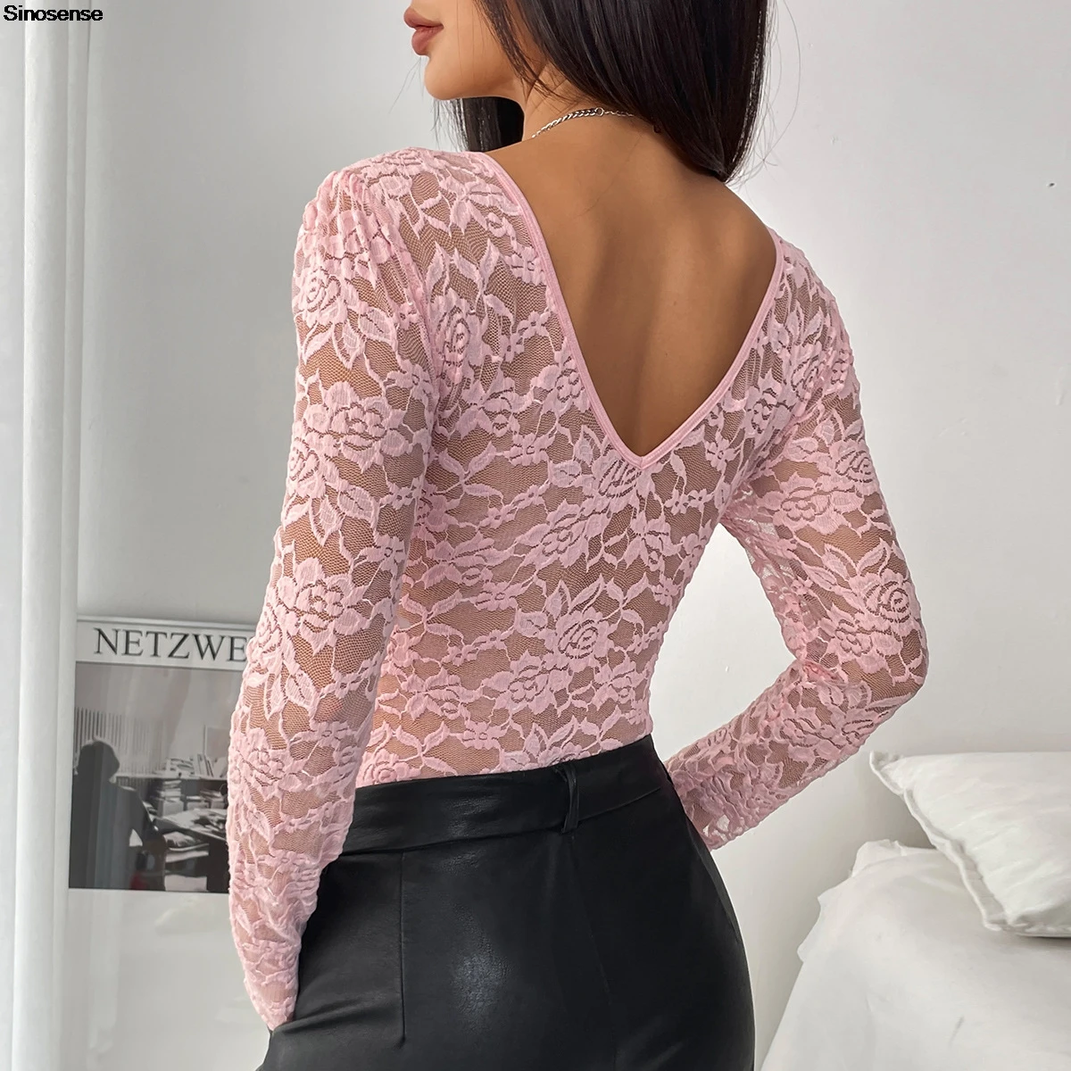 Frauen Floral Spitze Scallop Trim Teddy Body Langarm V-ausschnitt Abnehmen Body Shaper Sexy Nacht Club Party Trikots Tops