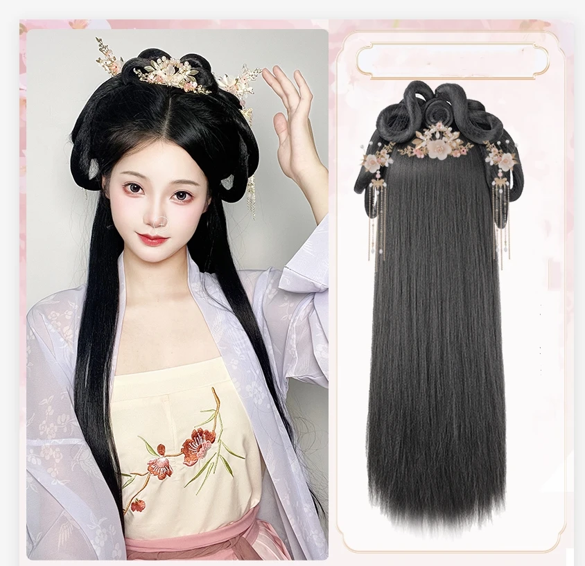 Multiple Hanfu Wigs Cosplay Women's Black One-piece Ancient Costume Headband Headdress Accessories Full Set Of Long StraightHair