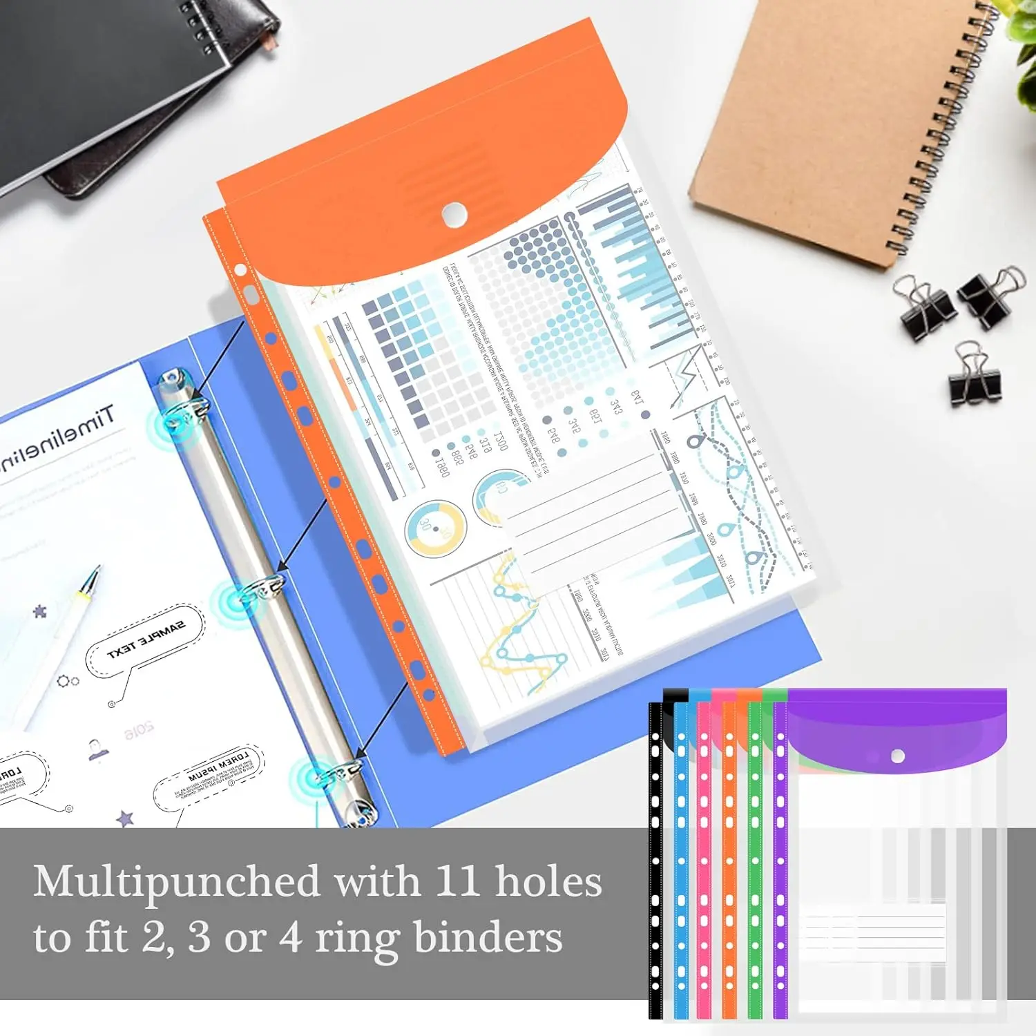 New A4 Binder Pocket Organizer Folders, 12 Pack Expandable Folders Plastic Binder Folders with 11 Holes for 2/3/4 Ring Binder