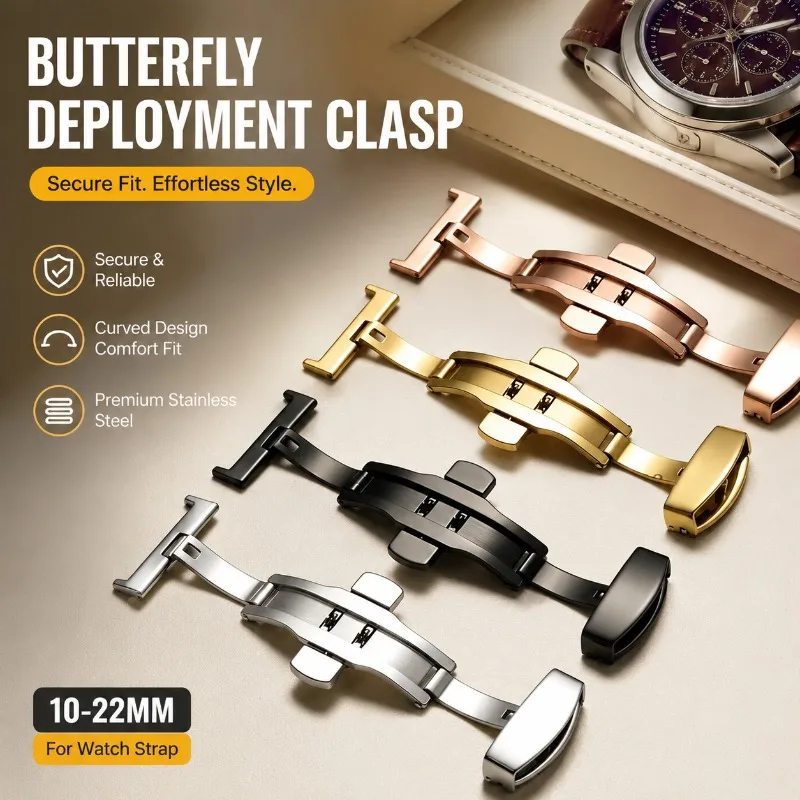 Stainless Steel Butterfly Clasp for Leather Watch Strap Double Press Auto Spring Buckle Self-eject Watch Band Fastener