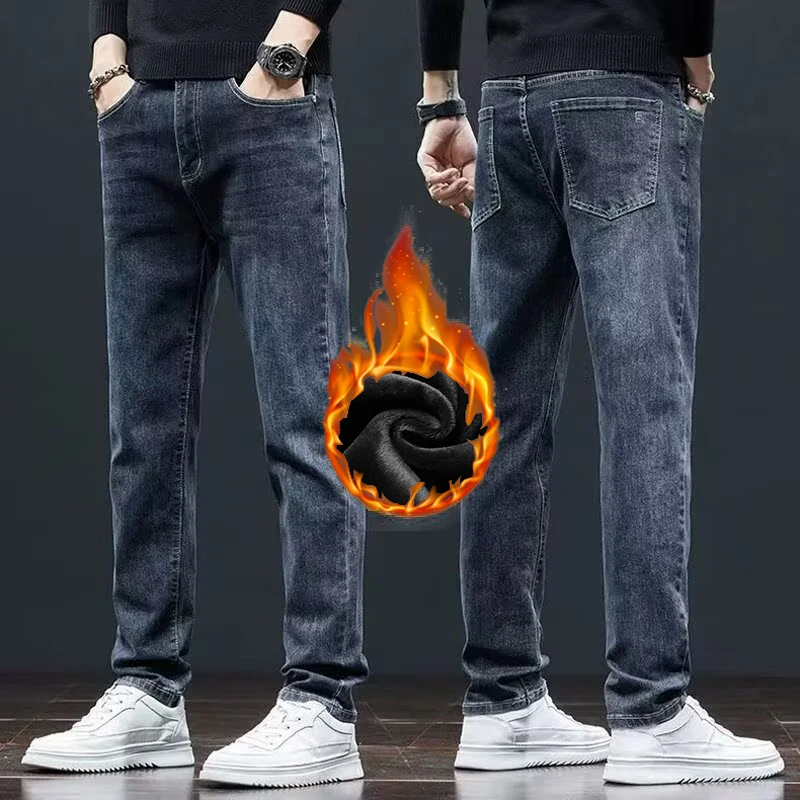 

Мужские осенне-зимние термомешковатые прямые джинсы, мужские модные зимние теплые плюшевые флисовые джинсовые брюки, классические сине-серые брюки