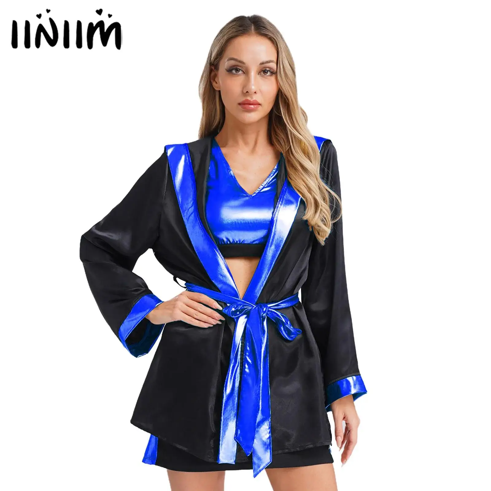 

4Pcs Women Boxing Training Clothes Halloween Cosplay Costume Tank Tops with Skirt Hooded Coverup Robe And Belt Set Boxer Outfit