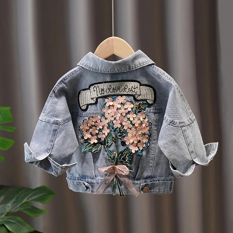 Children\'s Spring Coat Denim Spring and Autumn Clothing 2024 New Girl Baby Embroidery Flower Casual Jean jacket