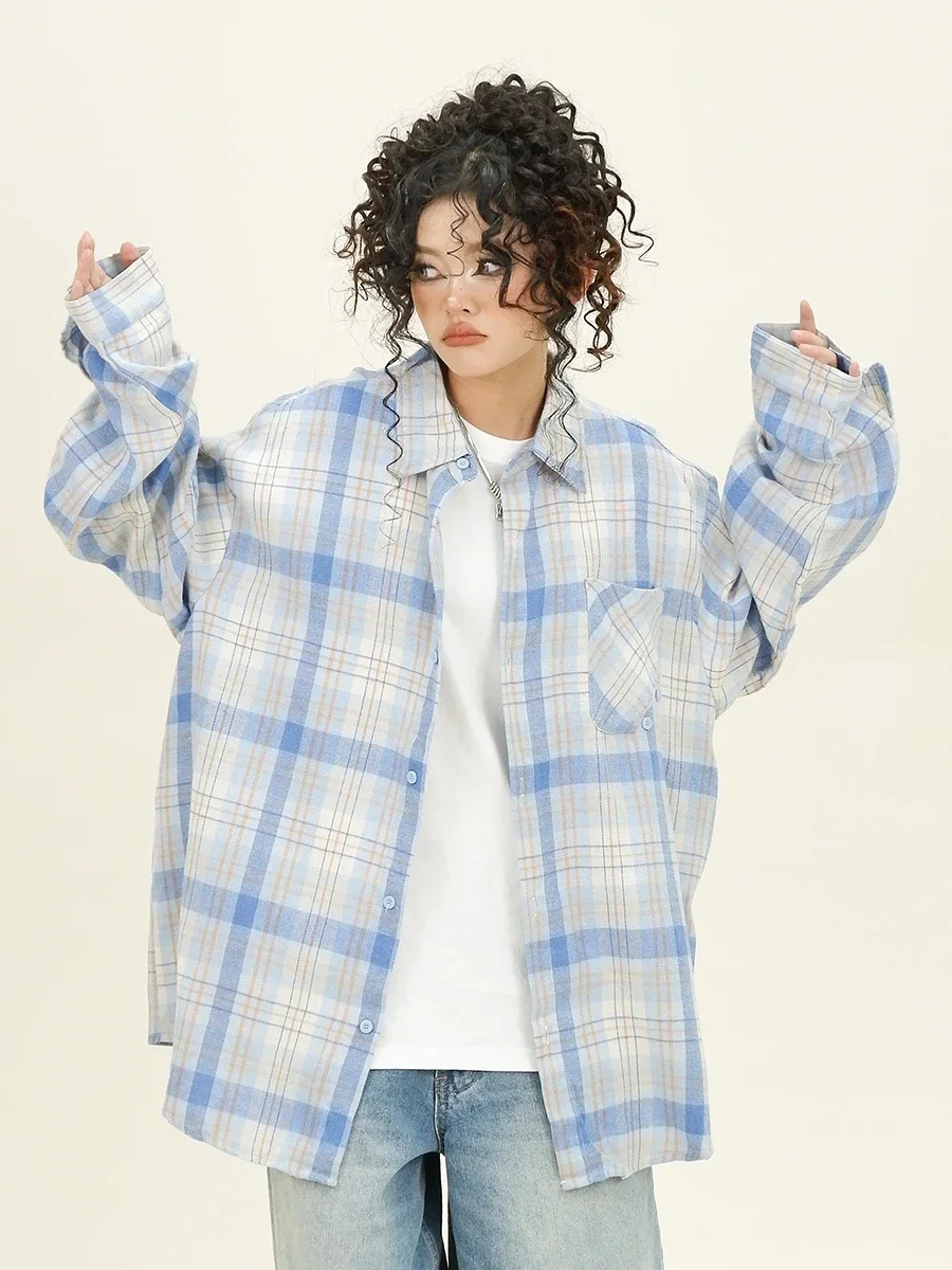 

Blue Plaid Long-sleeved Shirts Women's 2024 Autumn New Loose Bf Japanese Retro Versatile Top Tide