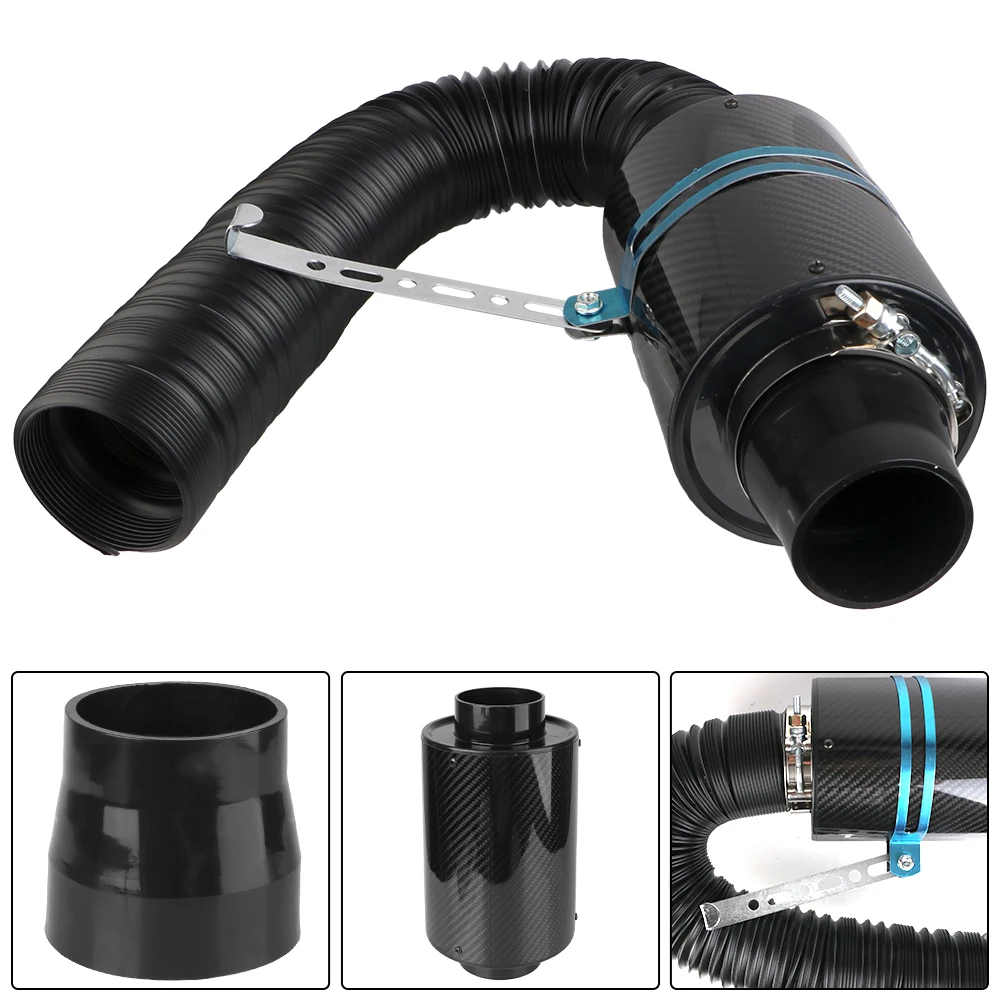 Car Carbon Fibre Cold Air Filter Universal Pipe Hose Kit 1 Set Fiber Intake Filter Box Feed Enclosed Intake Induction