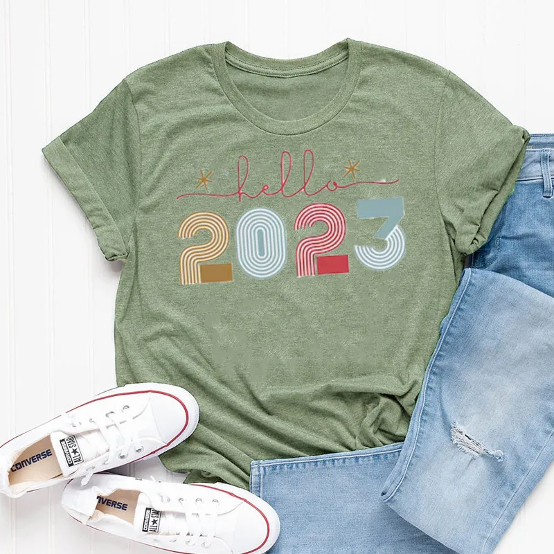 Hello 2023, Happy New Year Shirt Cute Newyears Cute Party Outfit New Year Eve Count down Party Gift for Ladies Womens 100%Cotton