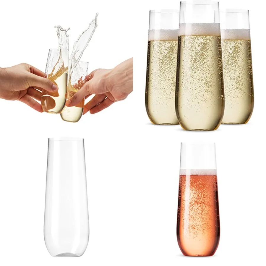 

48 Pack Stemless Plastic Champagne Flutes Disposable 9 Oz Clear Plastic Toasting Glasses Shatterproof Recyclable and BPA-Free