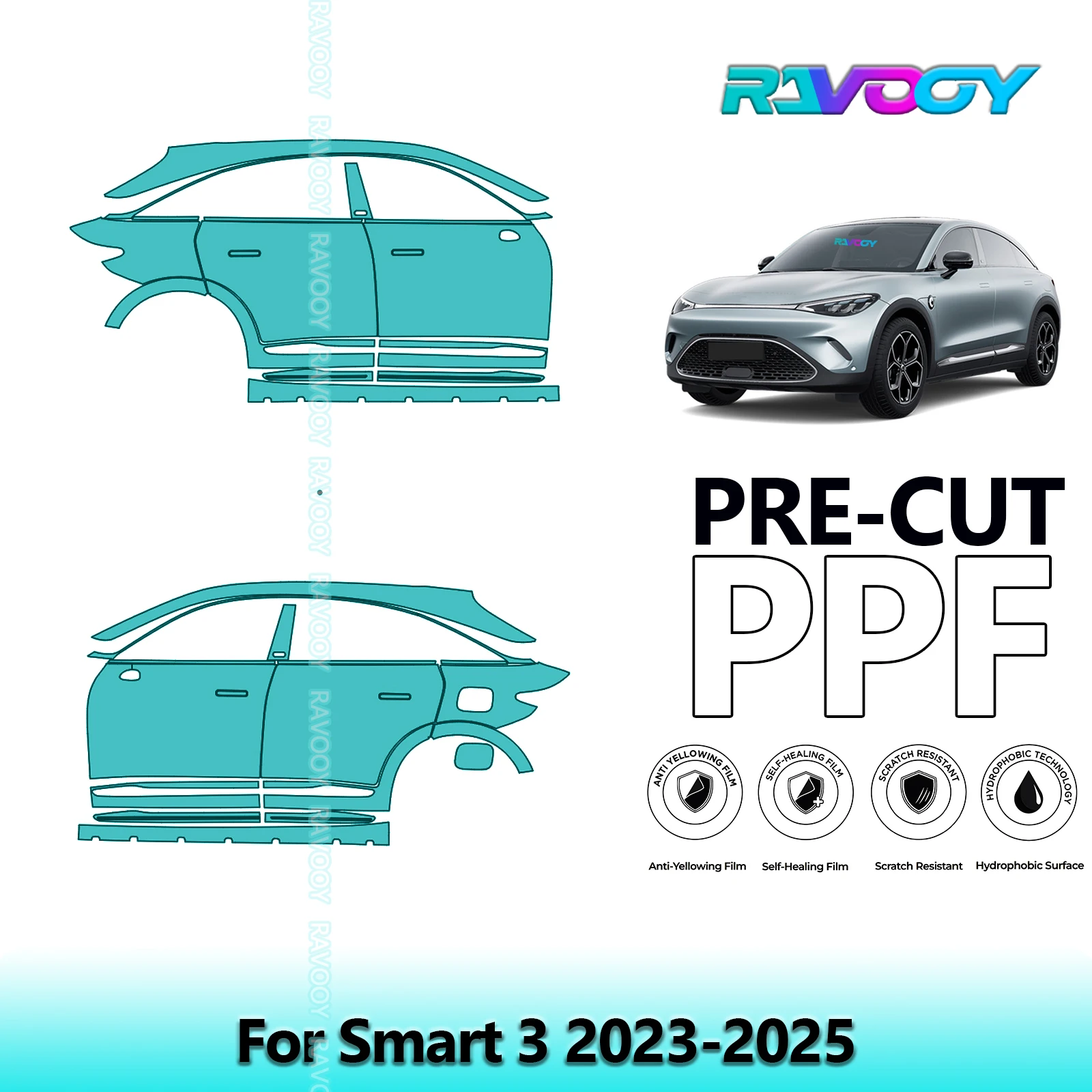 

For Smart 3 2023-2025 8.5mil Clear Matte Pre-Cut PPF Door & A/B Pillar Kit TPU Paint Protection Film Set