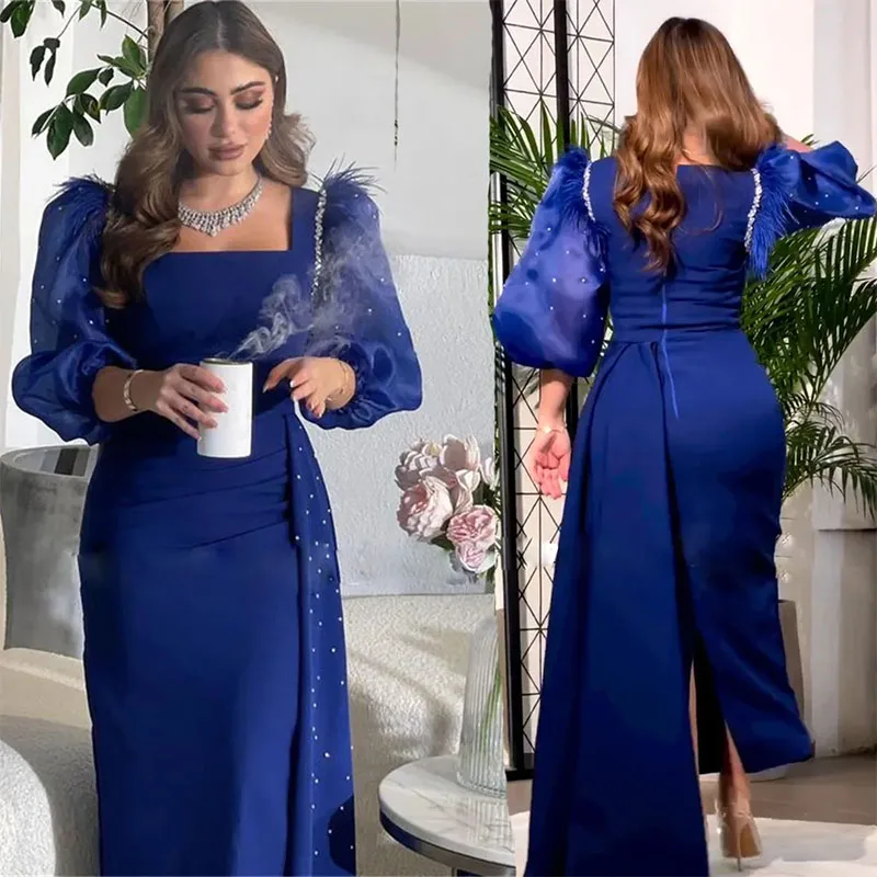 Vestidos de noite frisados azuis elegantes, gola quadrada, manga inchada, comprimento do tornozelo, vestido de baile, árabe, Dubai, vestido formal, 2024