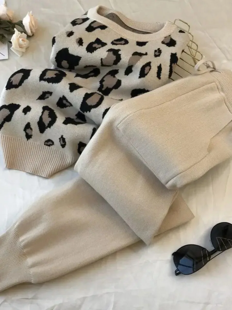 Muslim Knit Sets Sweater Leopard Print Pencil Pants Drawstring Trousers 2 Piece Set Casual Outfits Pullover Women Knitting Suit