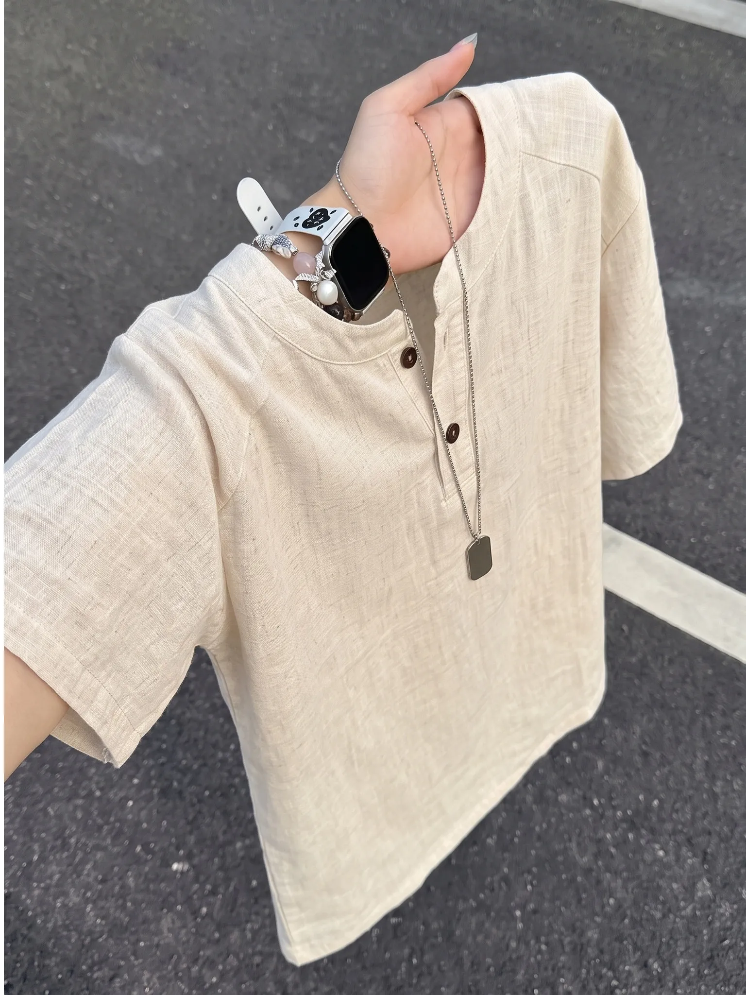 Linen Shirt Breathable - Henry Collar Silk Linen Short Sleeve