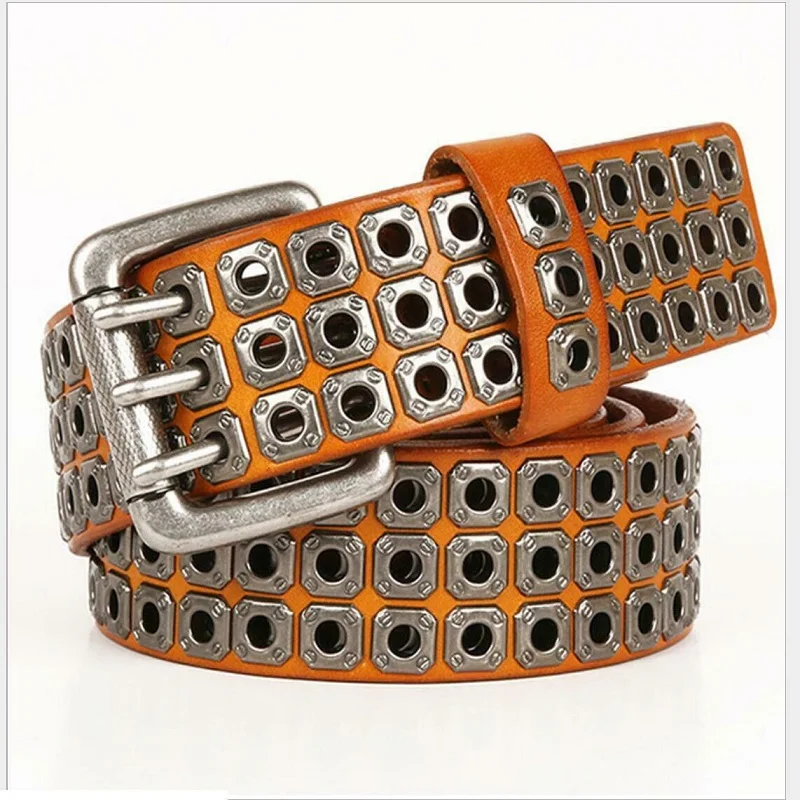 PU Leather Punk Style Biker Metal Rivet Belt Man Buckle Vintage Rock Rivet Pin Buckle Cowhide Luxury Waistband