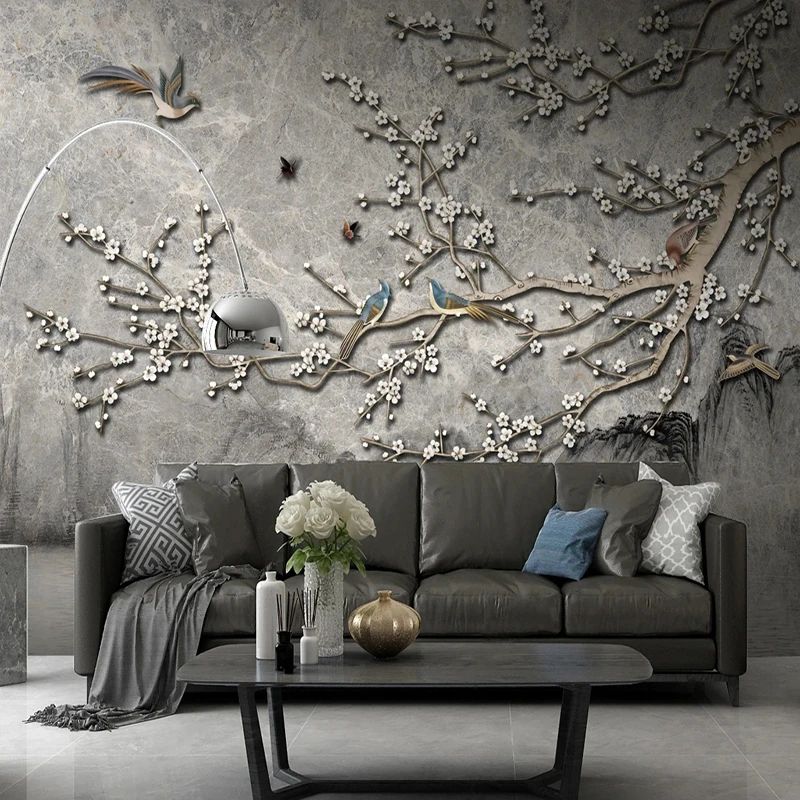 

Custom 3D Stereo Mural Wallpaper Marble Relief Flowers Birds Wall Decor Background Home Interior Decoration Wall Paper Fresco