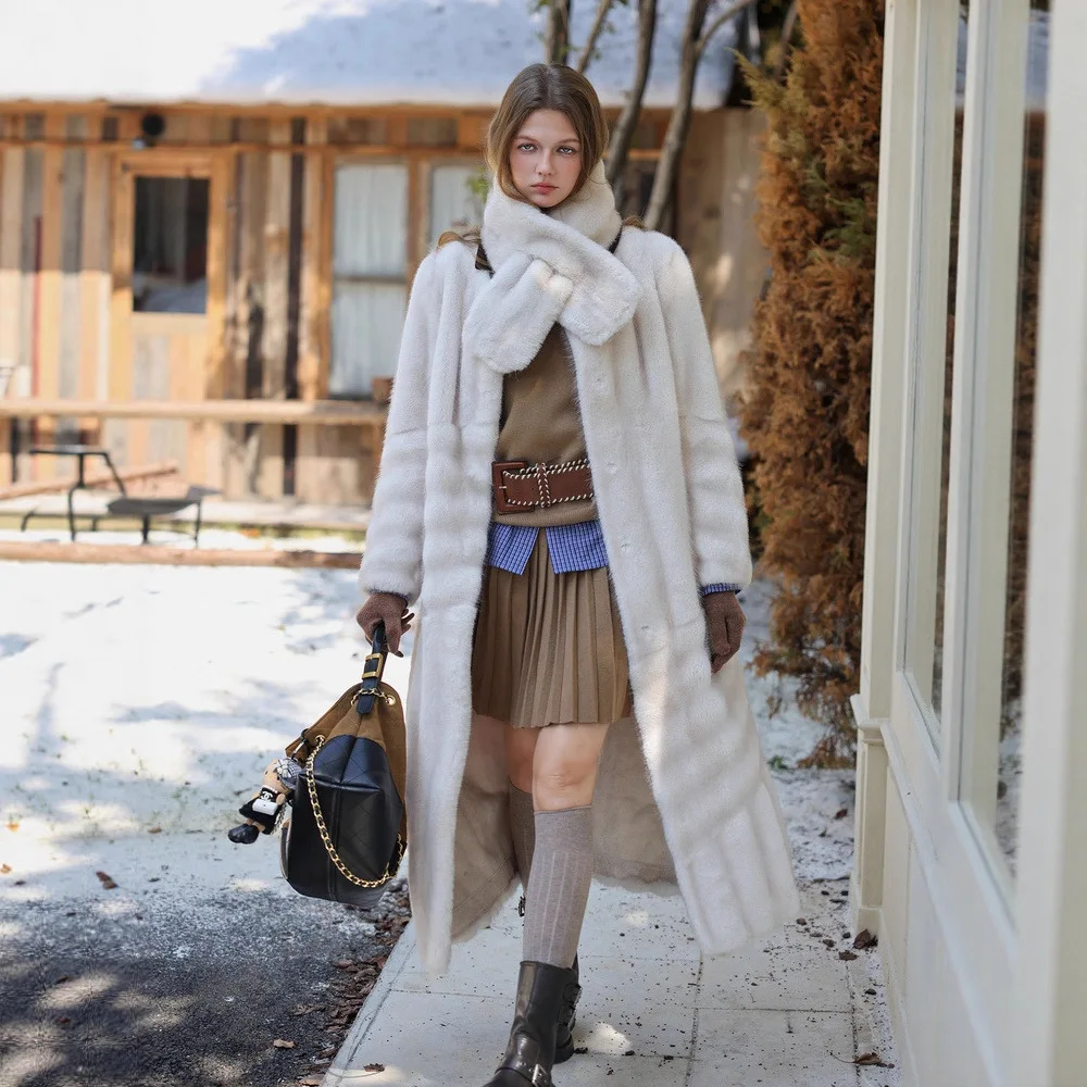 

Elgant Women Winter Faux Fur Coat White Scarf Round Neck Single Breasted Female Eco Fur Coat Long Minimalist Lady Mink Fur Coat