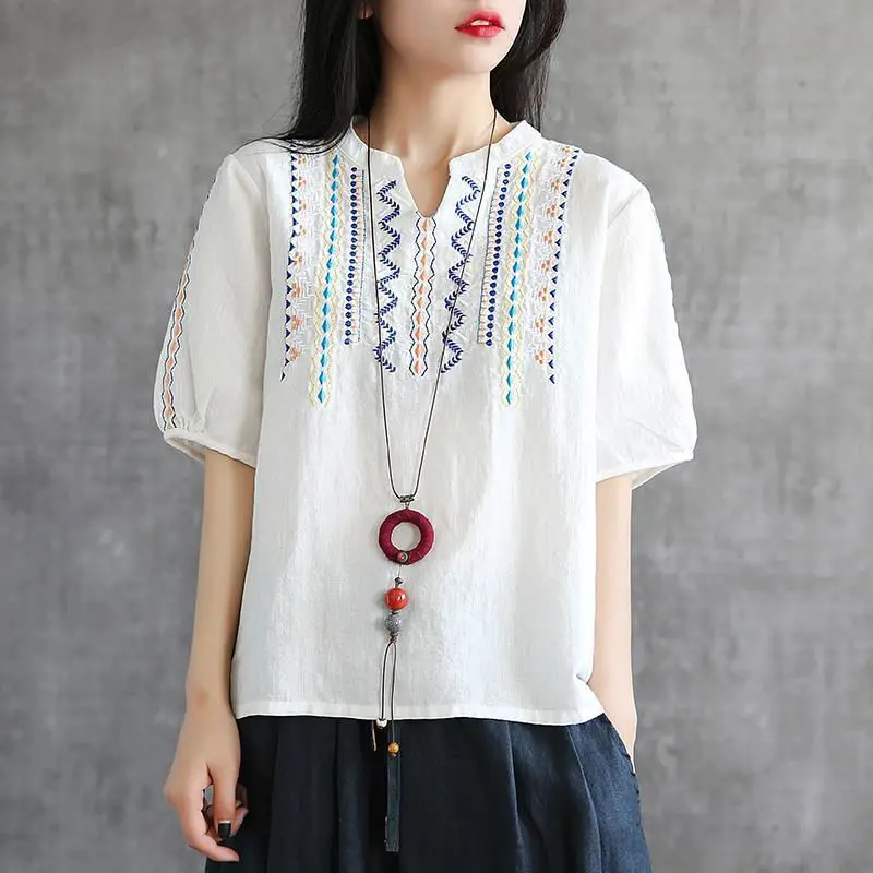 Women Shirt Chinese Style Embroidery Elegant short Sleeve Cheongsam Shirt for Daily Wear loose chinese blouse design hanfu women