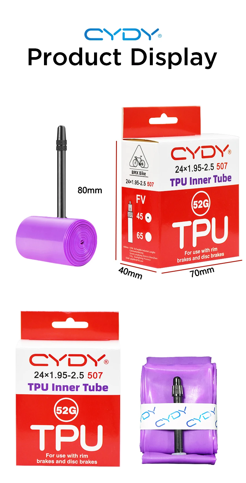 CYDY TPU Fahrradschlauch 24 Zoll 507 24x1.95 2.0 2.125 2.25 2.35 2.4 2.5 Zoll Ventil 45mm BMX Fahrradreifen Pneu Fahrradreifen – Detail 10