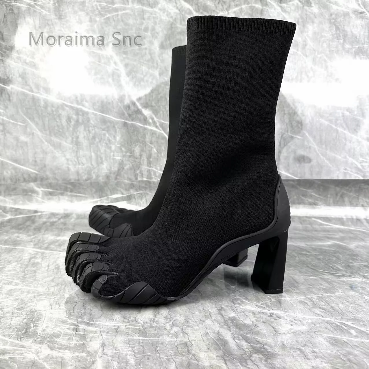 Botas de malha meia com cinco dedos para mulheres, botas de salto alto, cor preto e vermelho, estilo novidade