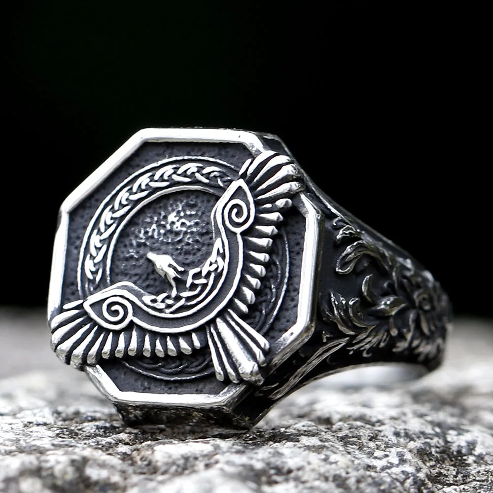 2023 New Amulet 316L Stainless Steel Norse Mythology Flying Eagle Ring For Man Women Viking Pattern Jewelry Party Gift