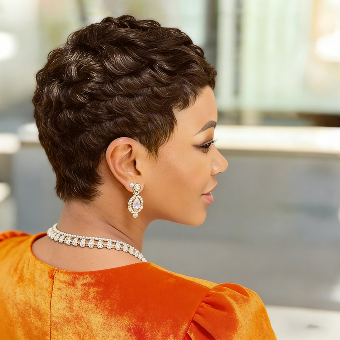 

Short Pixie Cut Curly Bob Human Hair Wig With Bangs For Women Colored Brazilian Remy Hair Full Machine Made Wigs
