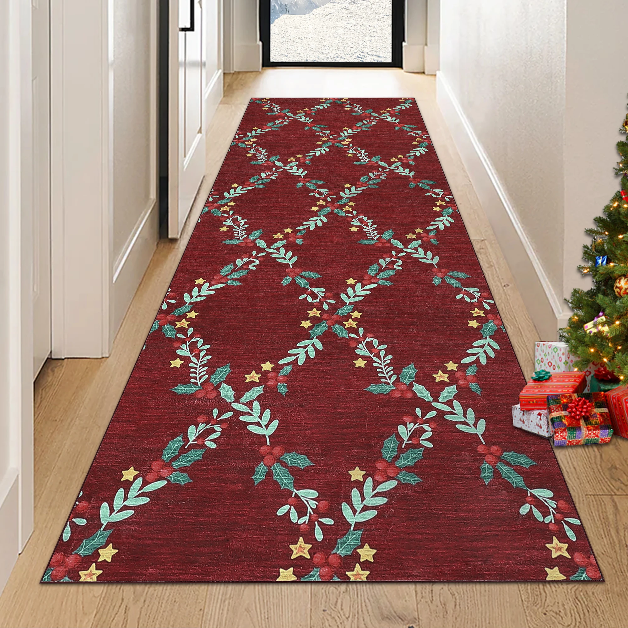 Festive Christmas Area Rug Washable Non-Slip Holiday Carpet with Geometric Red Green Design Low Pile Indoor Floor Mat For Living Room Bedroom Hallway Kitchen Entryway