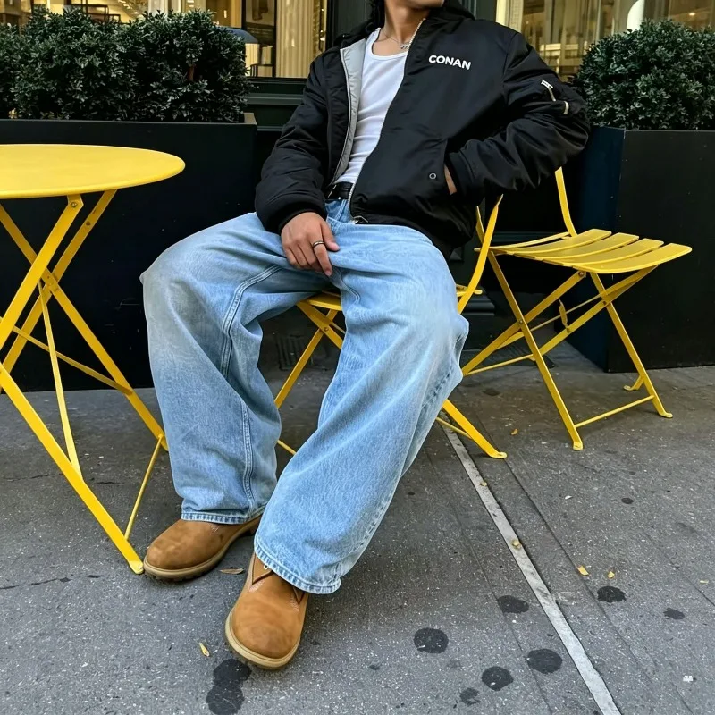 

Summer Men's Denim Pants Washed Male Jeans Straight Casual Menwear Loose Wide Leg Trousers New Fashion High Street Baggy Trouser