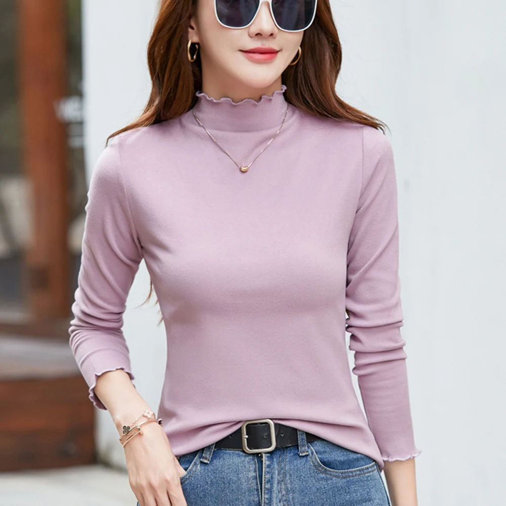 

European style light purple high neck long sleeved T-shirt for women in autumn and winter, fashionable plus size warm top