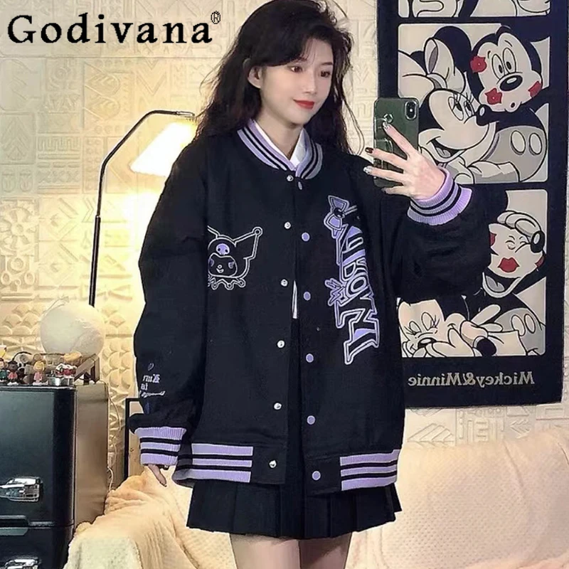 College Loose Black Baseball Jackets Girls Sweet Cute American Baseball Uniform Women Autumn Winter Vintage Coat Y2k Clothes