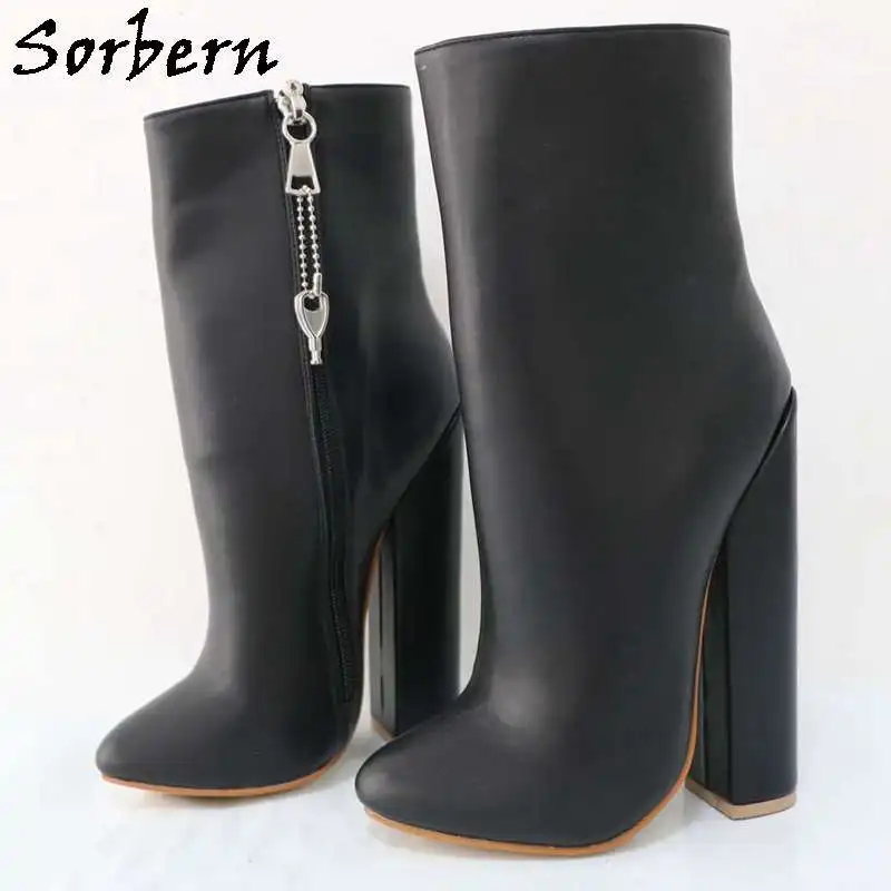 Sorbern Black Matte Ankle Boots For Women Block High Heel Lockable Zippers Short Booties Chunky High Heel Shoes Custom