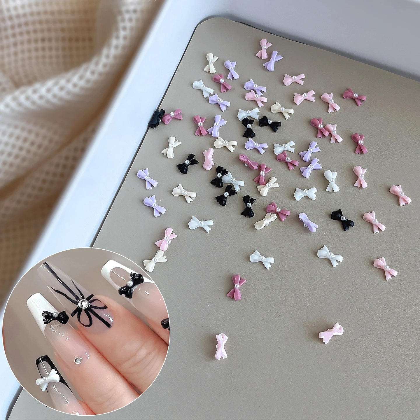 

French Romantic Mini Pearl Bowknot Colorful Cute Resin Elegant Silk Ribbon Tender Chic Nail Art Decoration Manicure Accessories