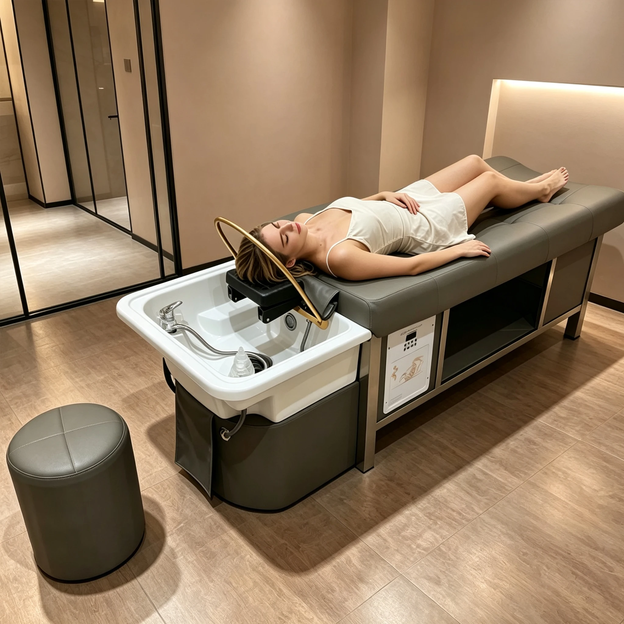 Cama de Champú Gris Profesional Multifuncional para Spa Capilar con Fumigación y Circulación de Agua para Salón de Belleza y Spa