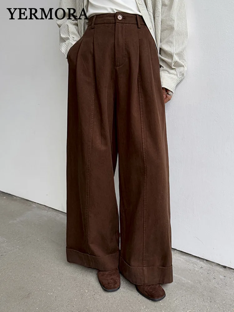YERMORA, pantalones de pierna ancha informales con hebilla plisada de color café de cintura alta para mujer, pantalones nuevos sueltos, moda de tendencia, otoño 2025