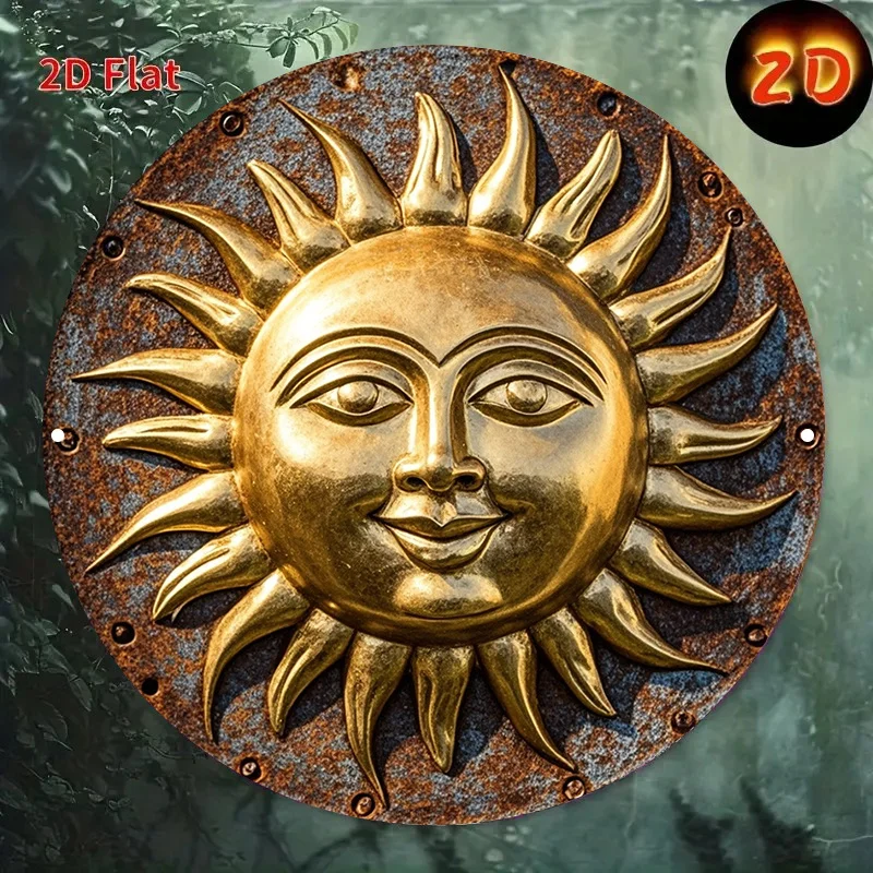 JIT Bronze Greek Key Sun Wall Art Decor, 8x8 Inch Vintage Metal Sign for Home Bar Cafe, Antique Solar Medallion Plaque Easy Inst