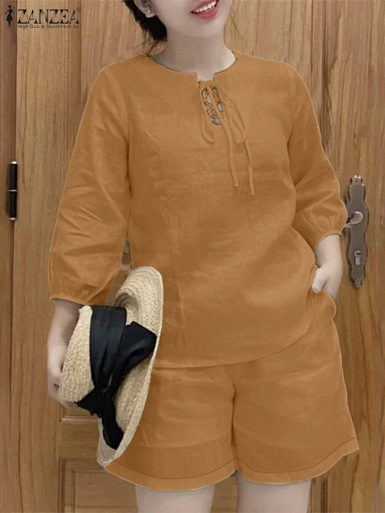 

ZANZEA Летние повседневные комплекты из 2 предметов Женские свободные блузки с круглым вырезом и рукавами 3/4, шорты с эластичной резинкой на талии, костюмы из 2 предметов, повседневные короткие комплекты