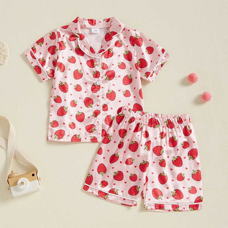 

Kids Baby Girls Summer Pajamas Set Strawberry Print Short Sleeve Shirts Tops Elastic Waist Shorts 2 Pieces Lounge Suit Sleepwear