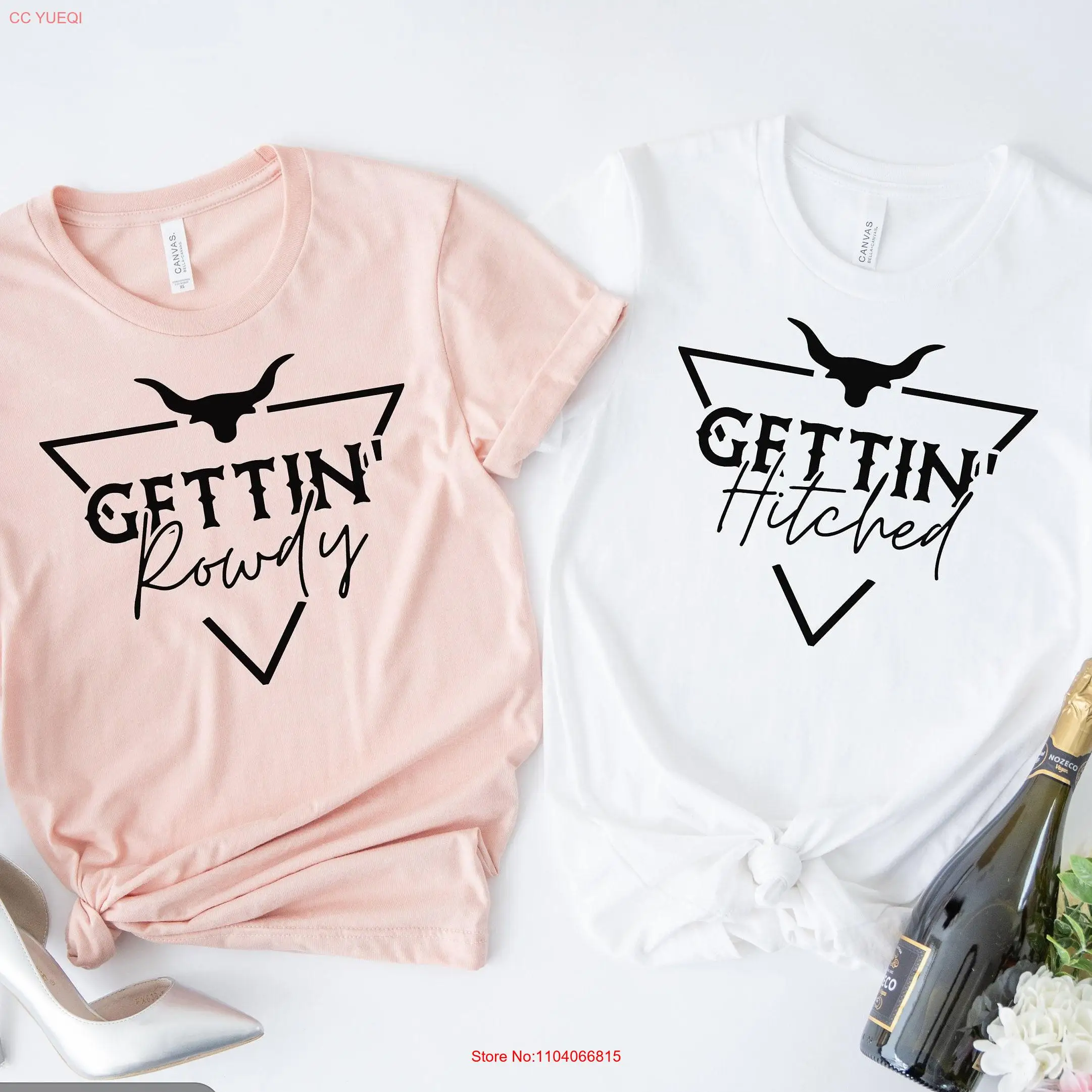 تي شيرت Country Bachelorette Getting Hitched Rowdy للعروس، هدايا الحفلات الغربية لحفلات الزفاف بأكمام طويلة أو قصيرة