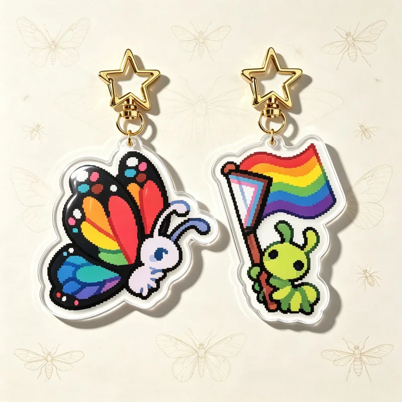 Pride Bug Acrylic Keychain Pixel Rainbow Butterfly & Green Worm Pendant Bag Charm Cute Pixel Art Trinket Gift For LGBTQ Fans