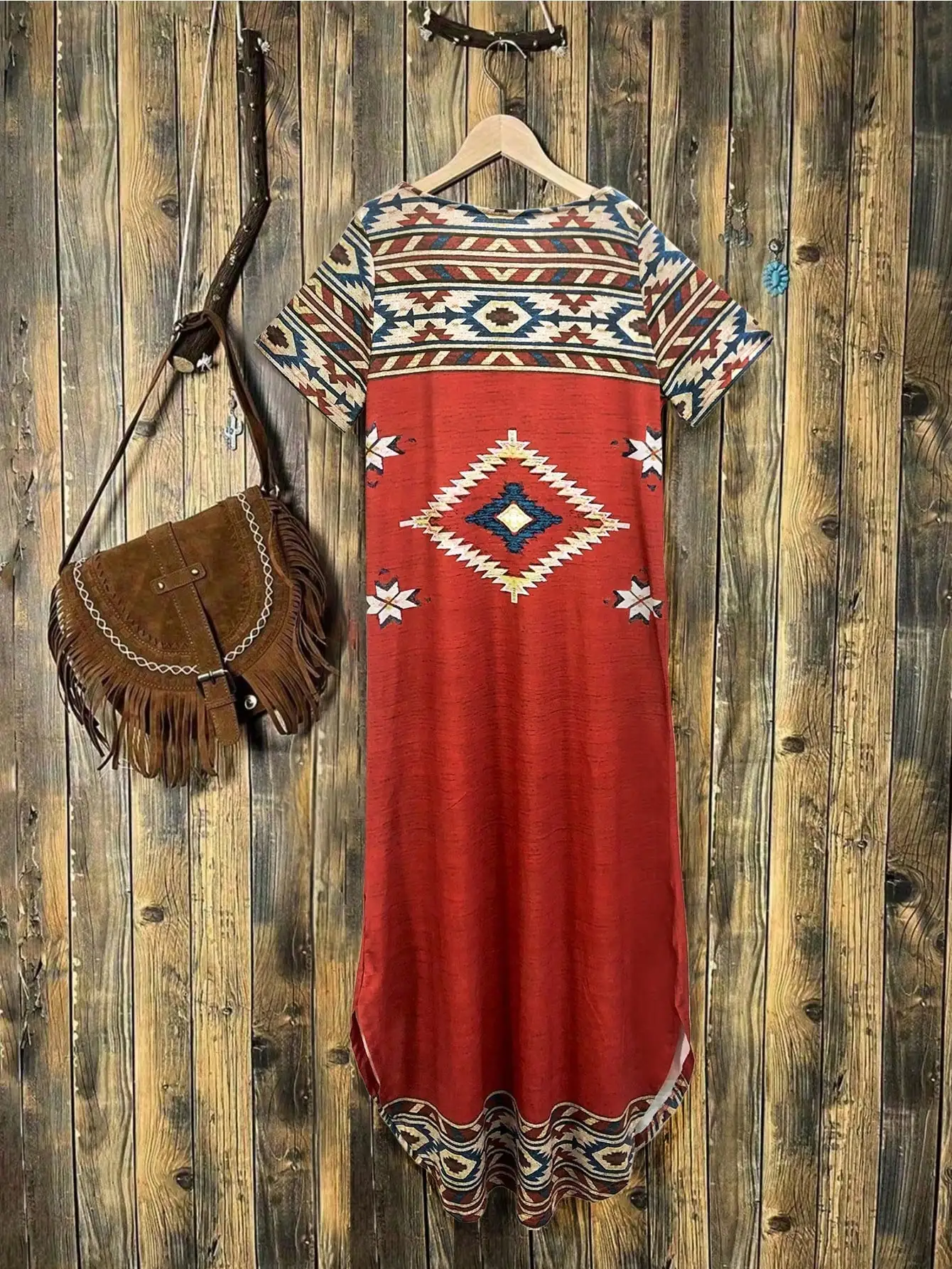 Women\'s ethnic holiday casual style geometric print casual short sleeve knitted long dress