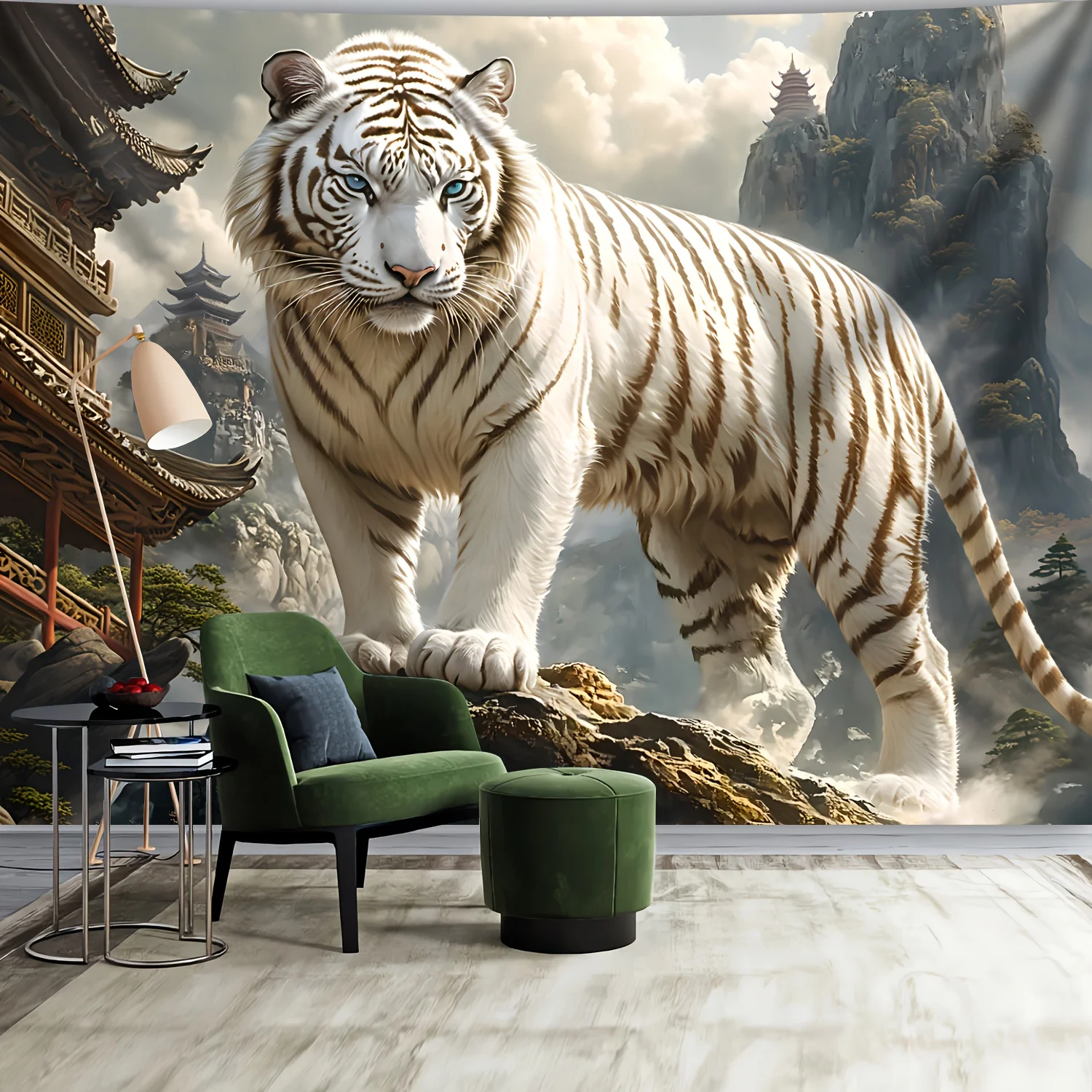 Large Vibrant White Tiger Landscape Wall Tapestry - Easy Install, for Living Room, Bedroom, Office & Parties