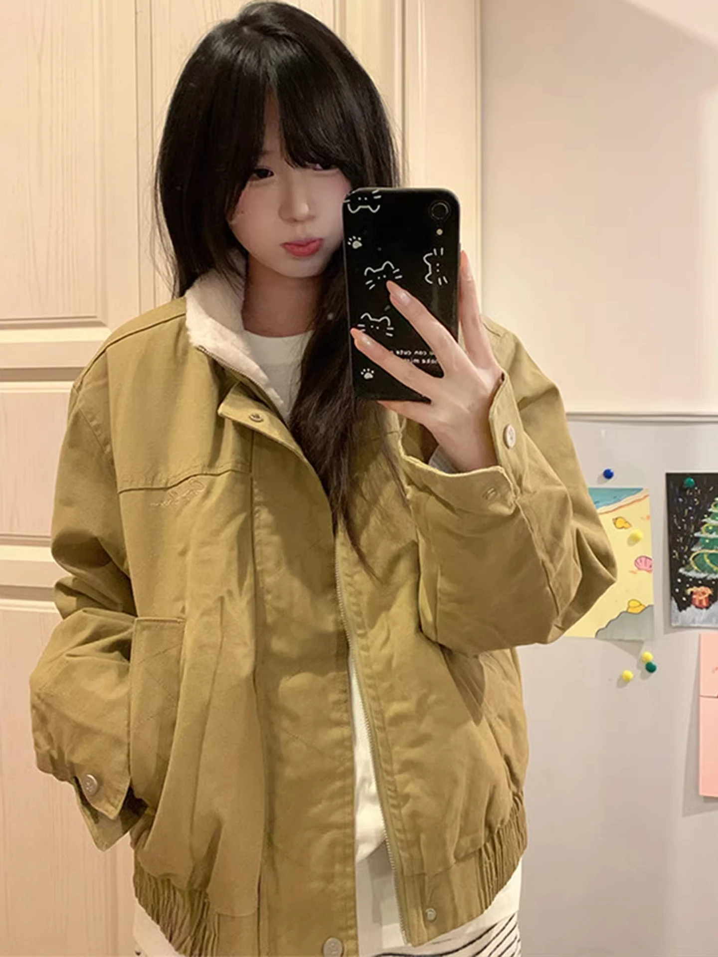 

Американский бомбер-куртка из утепленного хлопка, зимняя, свободного кроя, очень теплая, хлопковое пальто