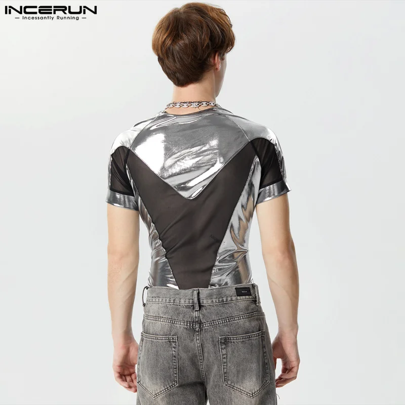 Incerun 2024 sexy stilvolle Herren Homewear Flash Spleißen Mesh Design Overalls lässig männlich Kurzarm Dreieck Bodys S-3XL